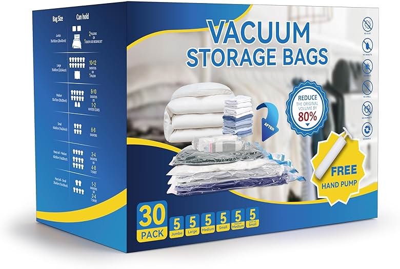 30 Pack Compression Storage Bags, Vacuum Storage Bags, Space Saver Bags for Comforters, Blankets, Pillows and Clothes Storage, Hand Pump Included (5 Jumbo/5 L/5 M/5 S/5 Roll M/5 Roll S) - Product Image