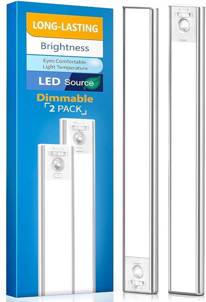 Under Cabinet Lighting, LED Motion Sensor Light Indoor, 2200mAh USB Rechargeable Closet Lights Battery Operated, Stick On Magnetic Wireless Dimmable Under Counter Lights for Kitchen(2 Pack) | Under Cabinet, Wireless, USB Rechargeable, 2200mAh, Battery Operated, Dimmable, Magnetic, Stick On, Indoor, for Kitchen - Product Image