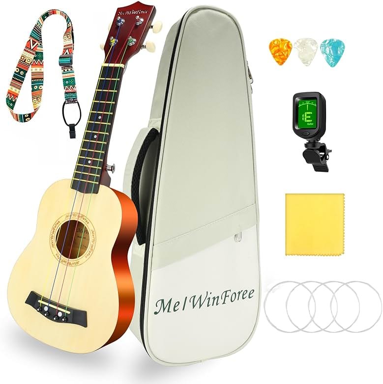 MelWinForee Soprano Ukulele 21 - Beginner Kit for Kids, Complete with Gig Bag, Strap, Tuner, Strings, Picks, Cloth - Ideal for Concerts, Left-Handed Friendly - Perfect Beginner Ukulele - Product Image