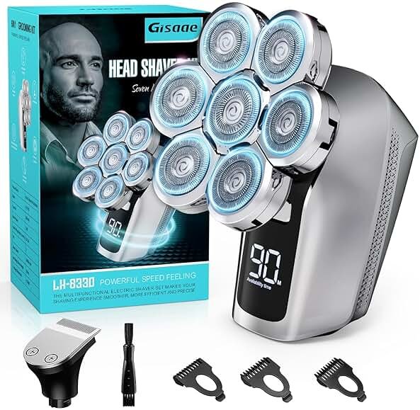 Gisaae Head Shavers for Bald Men, Upgraded 7D Electric Razor, Cordless Rechargeable, Ipx7 100% Waterproof, Dry & Wet Bald Head Shaver, Beard Grooming Kit with Led Display - Product Image