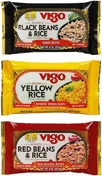 Vigo Authentic Rice Variety Pack, Low Fat, 8oz Pack of 3 (Saffron Yellow Rice, Red Beans & Rice, and Black Beans & Rice) - Product Image