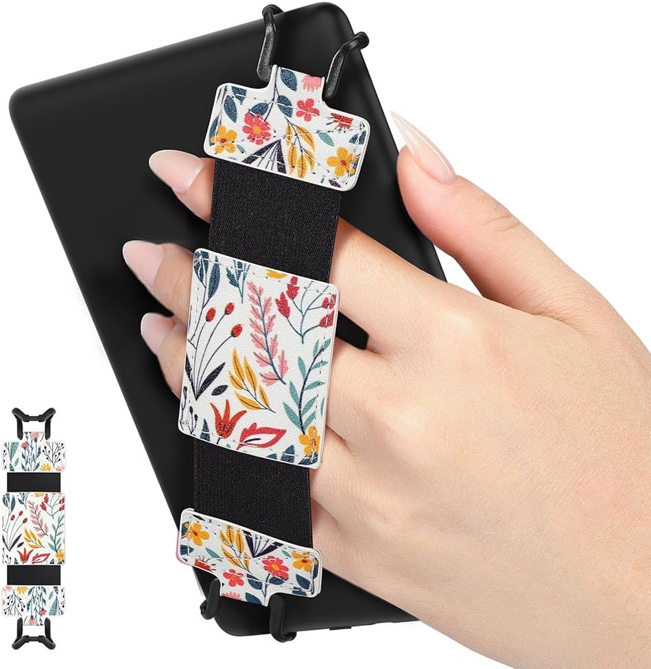 MoKo Soft Hand Strap for 6-8" Kindle eReaders Fire Tablet Kindle/Kobo/Voyaga/Lenovo/Sony Kindle E-Book Tablet, Black High-Elasticity Versatile Hand Strap Lightweight Finger Grip Holder, Flowers - Product Image