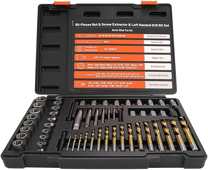 UYECOVE 56Pcs Spiral Screw Extractor Set, Left Hand Drill Bit Set, Easy Out Bolt Extractor Set with Hex Adapter, Multi-Spline Lug Nut Remover for Stripped, Rounded, Damaged, Broken Studs Bolts Screws - Product Image
