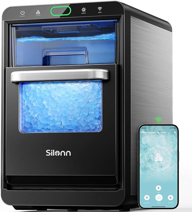 Nugget Ice Maker Countertop - Silonn Smart Pebble Ice Machine, Pellet Ice 44 lbs per Day, Crushed Ice from Timer Function and Status Alerts with Silonn App, Stainless Steel - Product Image