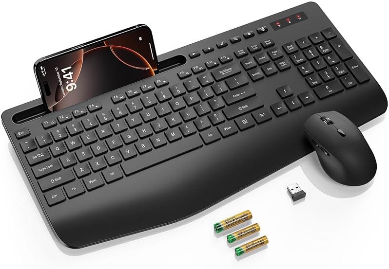 Wireless Keyboard and Mouse Combo - Full Size Ergonomic Wrist Rest, Silent Typing, Phone Holder, 2.4 GHz, 3 Level DPI, Batteries Powered, KM23D Set Compatible with PC, Laptop, Windows, macOS -SABLUTE - Product Image
