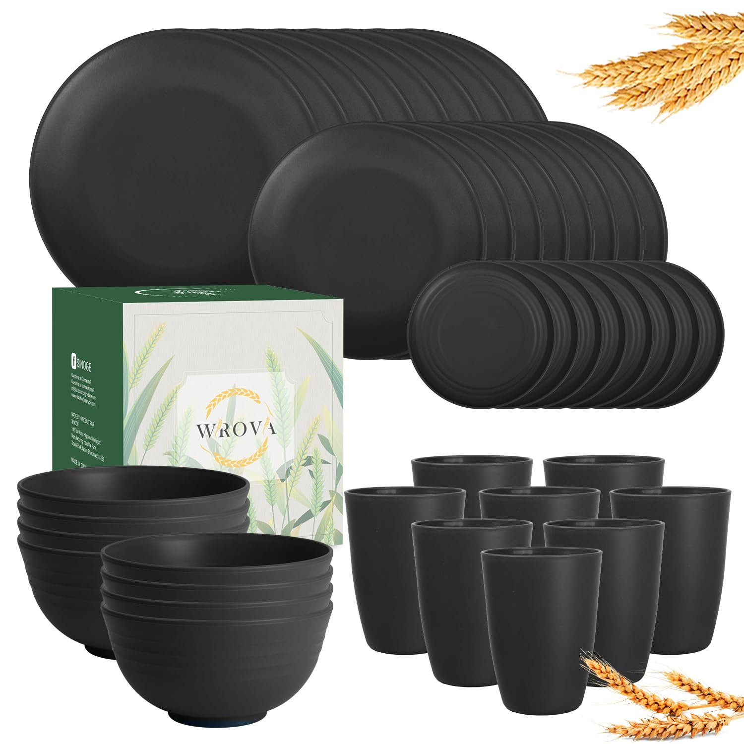 Wrova Wheat straw dinnerware sets of 40-10 inches plates,9 inches plates,6inches snack plate,26oz bowls,12oz cups - Unbreakable plates and bowls sets microwave safe and dishwasher safe. Black - Product Image