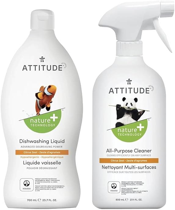Bundle of ATTITUDE All-Purpose Cleaner, EWG Verified, Streak-Free, Plant- and Mineral-Based, Vegan, Citrus Zest, 27.1 Fl Oz + Dishwashing Liquid, Advanced Degreasing Power, Citrus Zest, 23.7 Fl Oz - Product Image