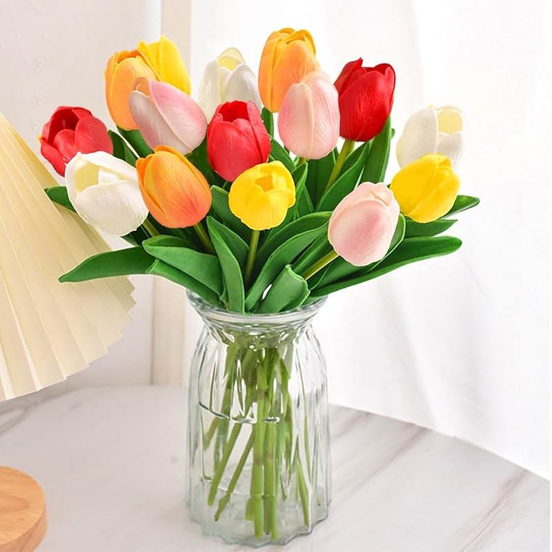 Fodofodo 15PCS Artificial Tulips Flowers,Real Touch 14" Silk Fake Tulips,Bulk Fake Flowers,Faux Flowers,Artificial Flowers for Home Kitchen Office Dining Room Wedding Decorations (Colorful) - Product Image