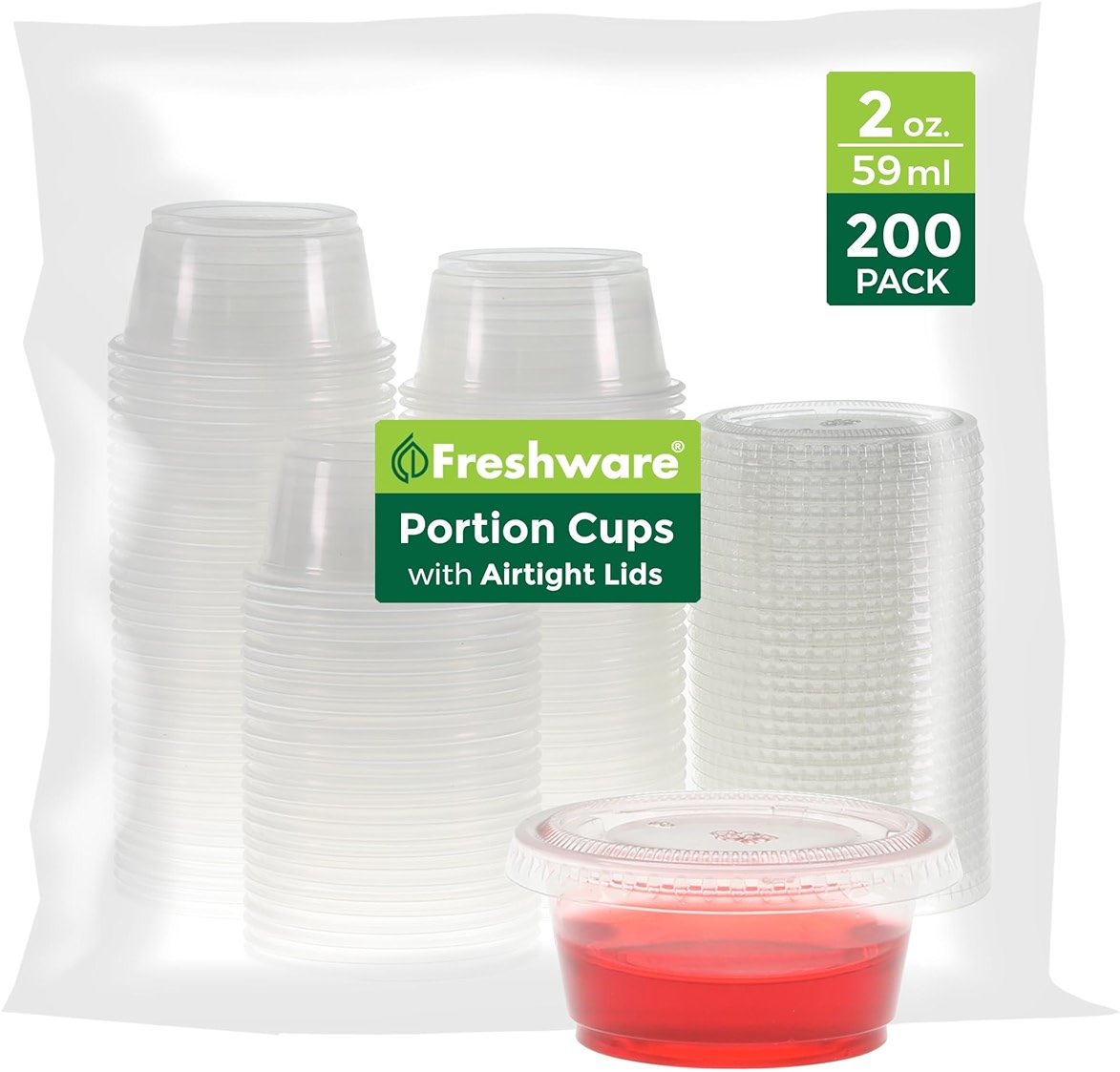 Freshware Plastic Portion Cups with Lids [2 Ounce, 200 Sets] Disposable Plastic Cups for Meal Prep, Salad Dressing, Jellos Shot Cups, Souffle Cups, Condiment and Dipping Sauce Cups - Product Image