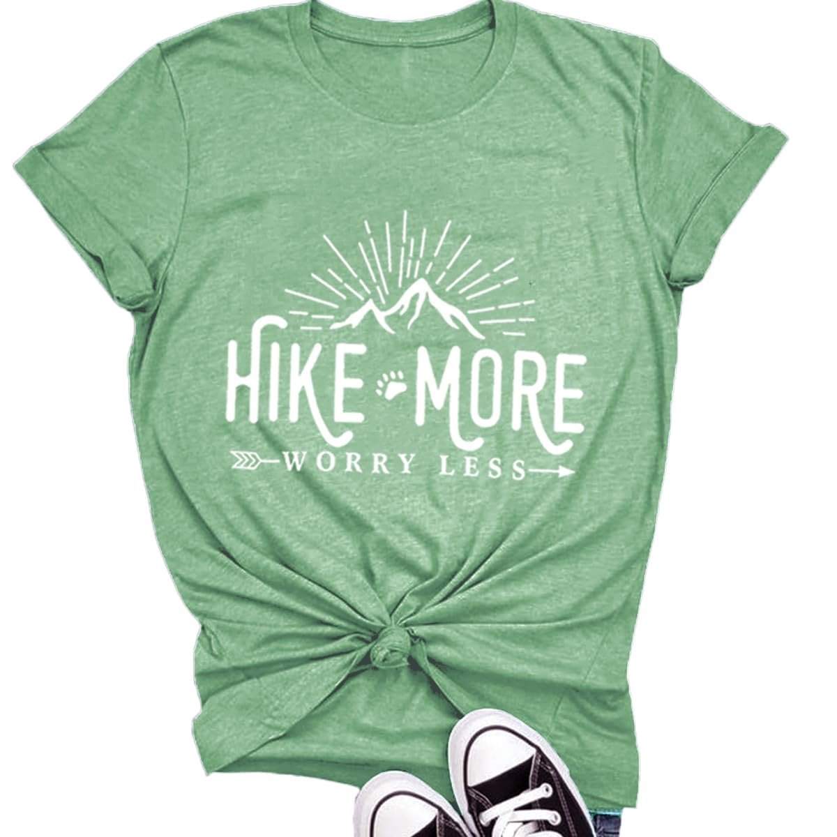 Hiking Shirt for Women Adventure Mountain Graphic Athletic Shirts Funny Hike More Worry Less Tee Tops - Product Image