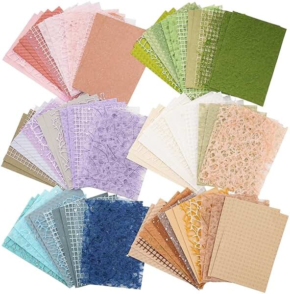 96 Sheets Textured Scrapbook Paper and Mesh Fabric Assorted Set - 6 Pack Mixed Special Paper for Scrapbooking Planner Bullet Junk Journal Supplies Mixed Media Collage Card Embellishments 3.9x5.5 Inch - Product Image
