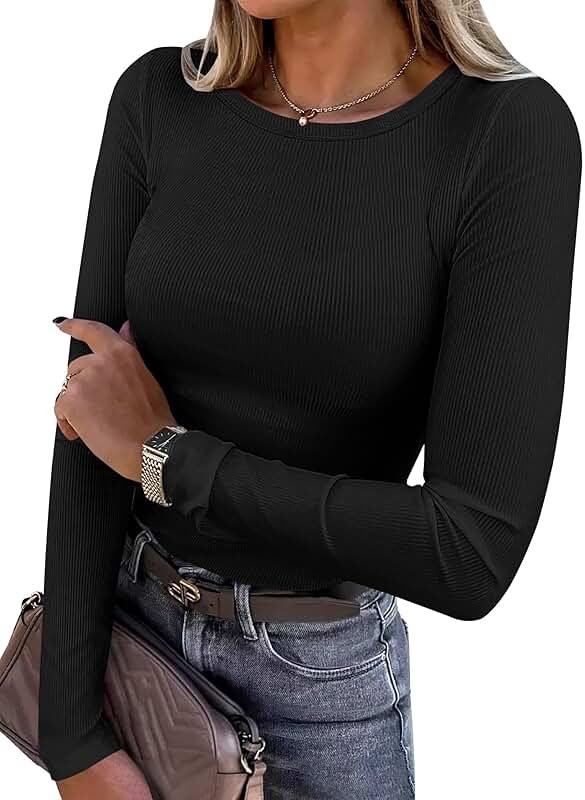 ANRABESS Women Long Sleeve Shirts Rib Knit Slim Fit Tops Basic Tee Spring Outfits Casual T-Shirt Underscrubs Layer Clothes - Product Image