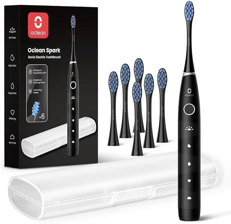 Oclean Electric Toothbrush for Adults, 150 Days Battery Life Electric Toothbrush, USB Rechargeable Sonic Travel Toothbrush with 6 Brush Heads & Travel Case, 5 Modes and Smart Timer - Product Image