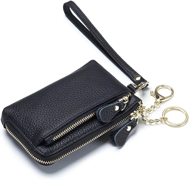 Women Genuine Real Leather Coin Purse with Hand Strap. 3 Zipper Small Wallet Wristlet with 3 credit cards slots Holder - Black - Product Image