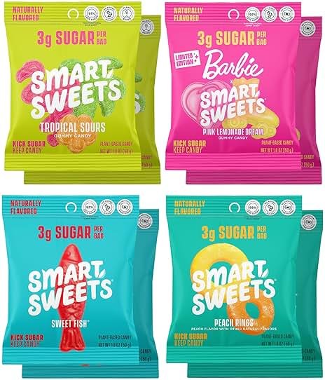 SmartSweets Variety Pack Candy, 1.8oz (Pack of 8), Candy With Low Sugar & Calorie, Healthy Snacks For Kids & Adults - Sweet Fish, Peach Rings, Tropical Sours, Barbie Pink Lemonade Dream - Product Image