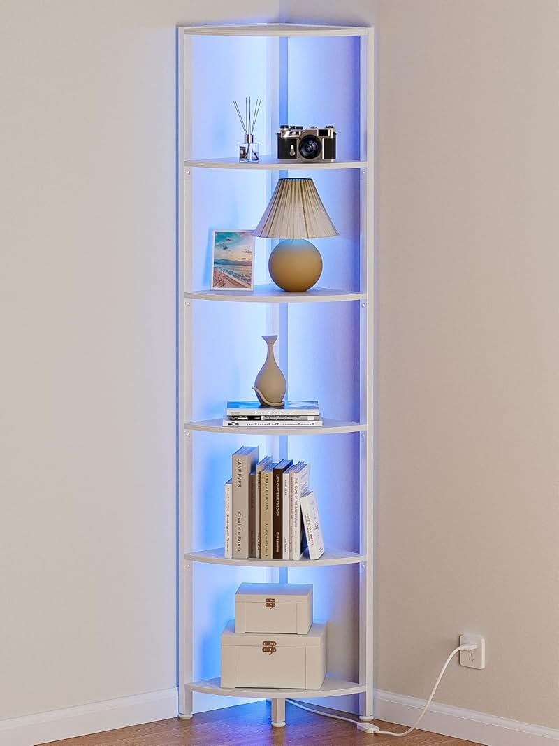 Furnulem 6 Tier Corner Shelf with LED Light, 67.5” Tall Standing Shelf Organizer, White Narrow Bookshelf with Storage Rack for Wall Corner, Living Room, Bedroom, Metal Frame, Wood Display Shelf - Product Image