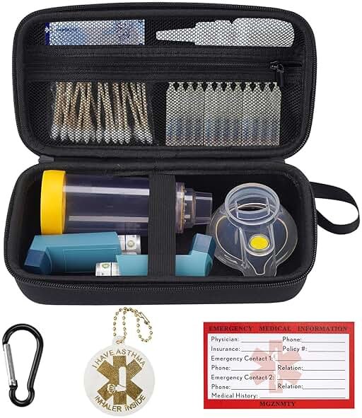 MGZNMTY Travel Carrying Case Compatible with Asthma Inhaler Spacer for Adults and Children, Masks, Inhaler Holder with Asthma Alert Tag and Medical Card, Carabiner (Only Case) (Black) - Product Image