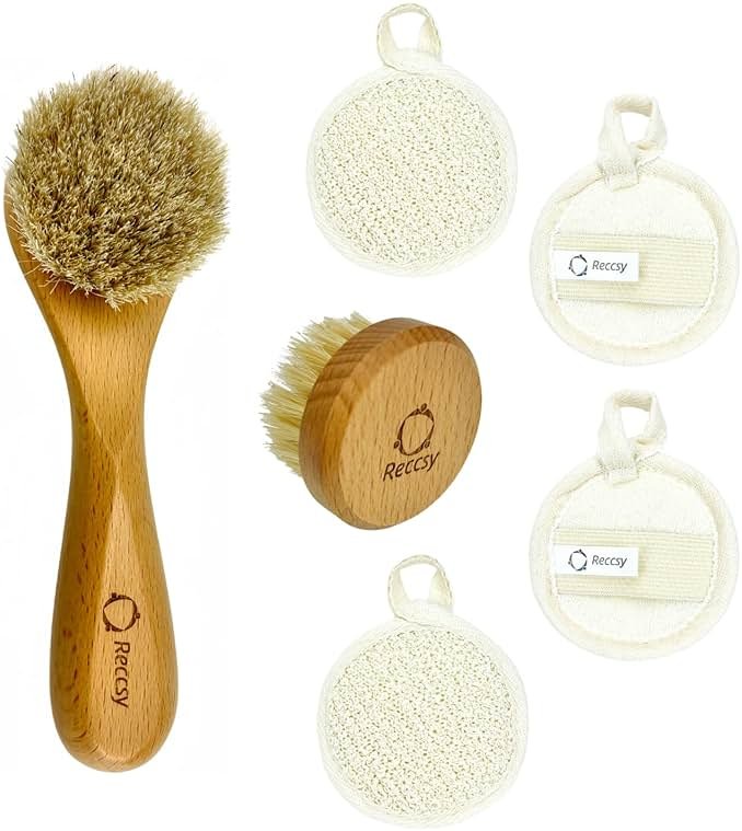 Reccsy Face Brush Set - Soft Natural Bristle Facial Dry Brush for Lymphatic Drainage & Face Exfoliator Brush - Includes 4 Reusable Cleansing Pads - Product Image