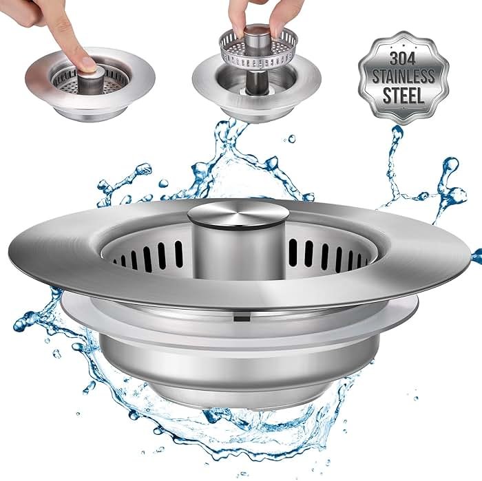 Upgraded 3 in 1 Kitchen Sink Drain Strainer - Stainless Steel Sink Stopper, Anti-Clogging Sink Food Catcher Basket, Fast Drainage Odor Filter Sink Plug for US Standard 3 1/2 inch Drain (Silver-1Pack) - Product Image