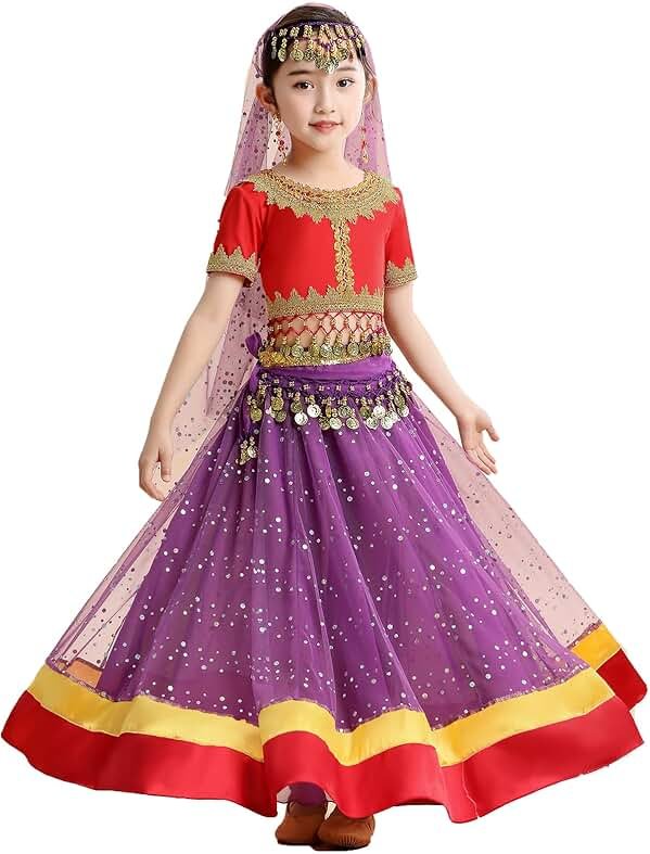 ORIDOOR Belly Dance Dress Girls Indian Bollywood Halloween Costume Chiffon Skirts Shiny Belly Dance Suits - Product Image