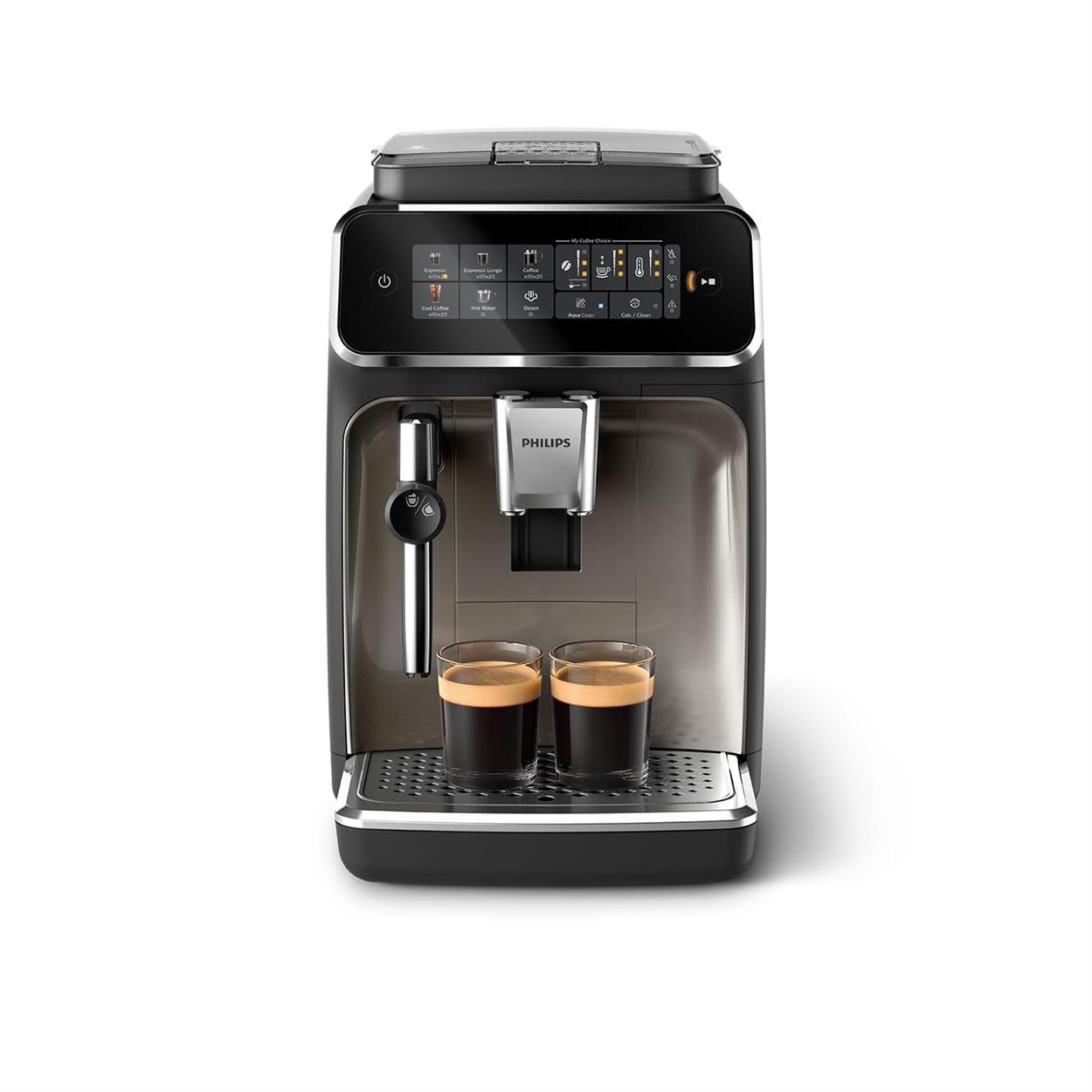 Philips 3300 Series Fully Automatic Espresso Machine with integrated milk frother and grinder, 5 Hot & Iced Coffee Pre-Sets, 40% Quieter SilentBrew, 15-Bar Pressure, Glossy Black (EP3326/90) - Product Image