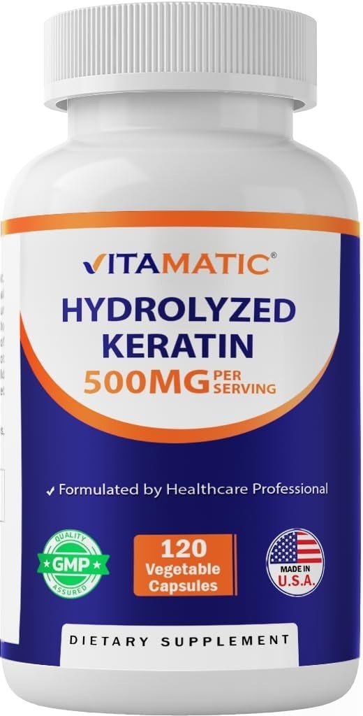 Vitamatic Hydrolyzed Keratin 500mg per Serving - 120 Vegetarian Capsules - Keratin Supplements for Healthy Hair Skin & Nails for Adults - Product Image