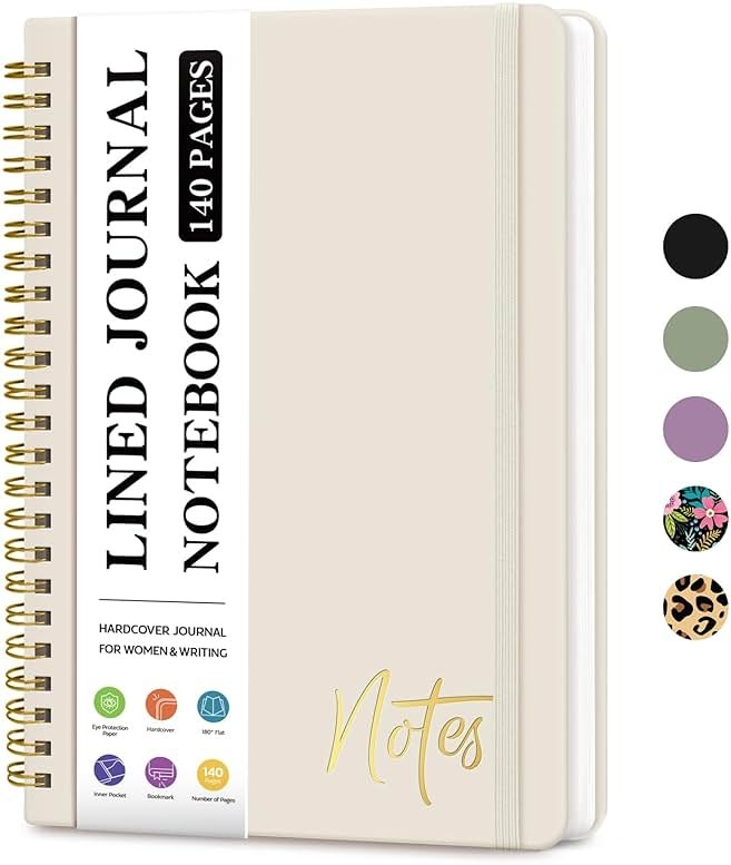 ZOTIA Lined Spiral Journal Notebook for Women, A5 College Ruled Journals for Writing, Hardcover Notebooks for Work, Note taking and Office School Supplies,140 Pages - Grey Beige - Product Image