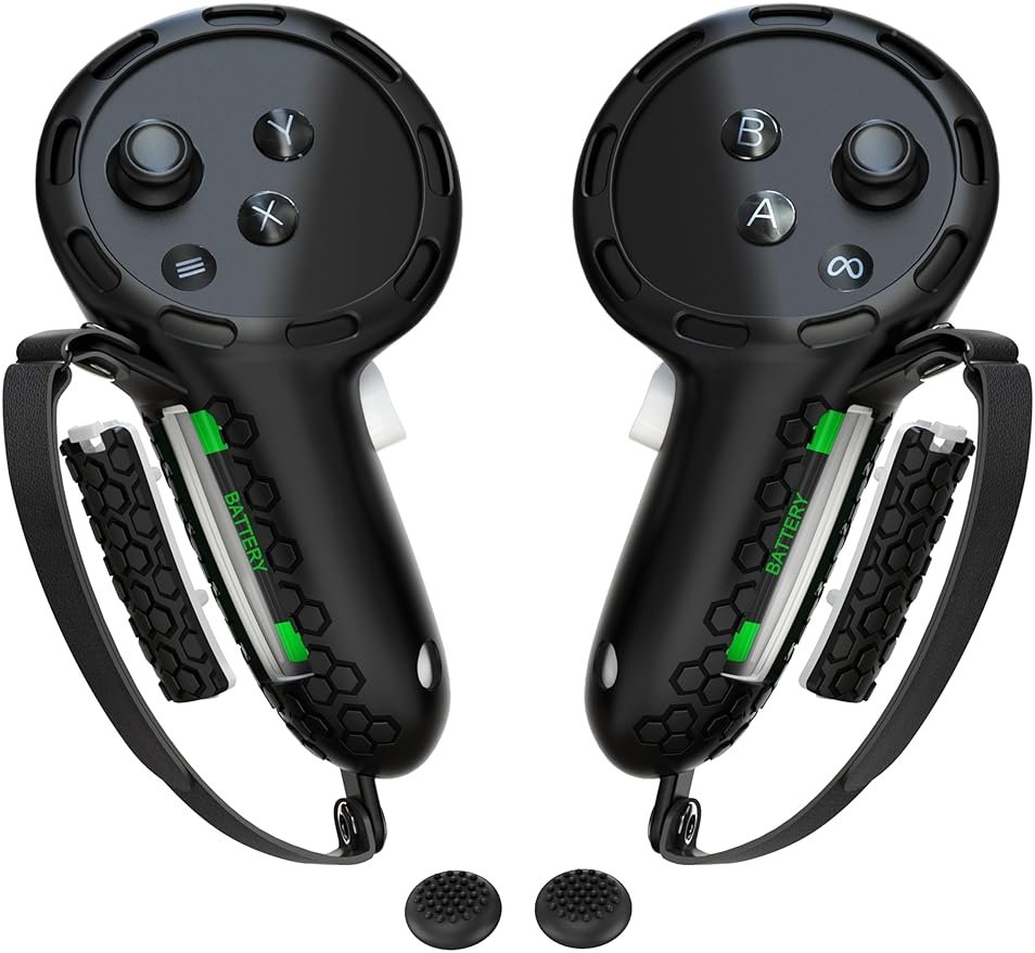 Controller Grips Compatible with Meta Quest 3S Oculus Quest 3 Controllers Straps Knuckle Hand Strap with Battery Opening Covers with Thumbsticks Covers Black, Batteries Not Included - Product Image