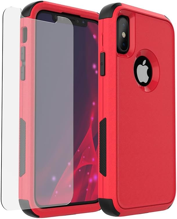 X-belmox for iPhone XR Phone Case [Dropproof] [Shockproof] 3-Layers Heavy Duty Drop Protection, Cover for iPhone XR 6.1 Inch with Tempered Glass Screen Protector, Rugged XR Phone Case - Red Black - Product Image