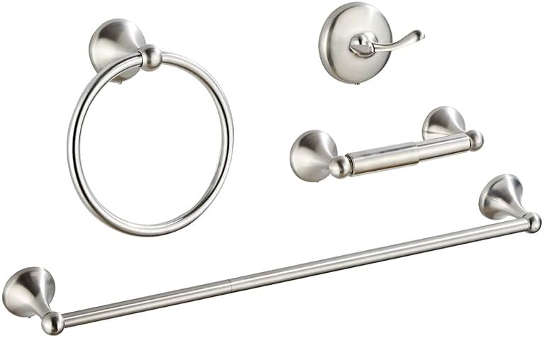 AGKXHDEC 4-Piece Bathroom Hardware Set: Brushed Nickel Bathroom Accessory Set, Towel Bar,Towel Ring,Toilet Paper Holder,Robe Hook, Wall Mounted,Optional Install Longer or Shorter Towel bar - Product Image