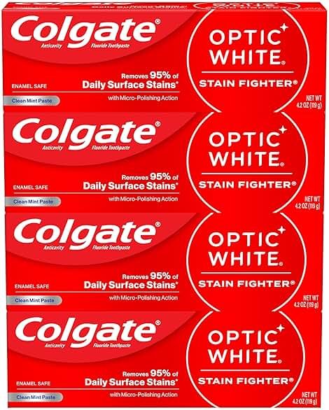 Colgate Optic White Stain Fighter Teeth Whitening Toothpaste, Anticavity Fluoride Toothpaste for Whitening Teeth, Helps Remove Daily Surface Stains, Clean Mint Paste, 4 Pack, 4.2 oz - Product Image