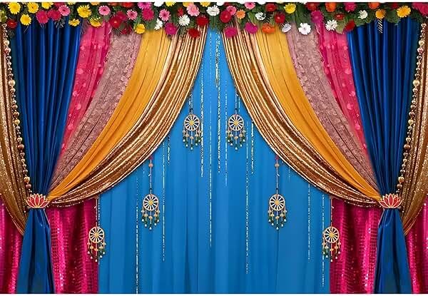 Baocicco 7x5ft India Style Backdrop Photography Curtain Flower Garland Photography Background India Hindu Wedding Traditional Banner Diwali Pooja Decorations for Bride Couple Portrait Props - Product Image