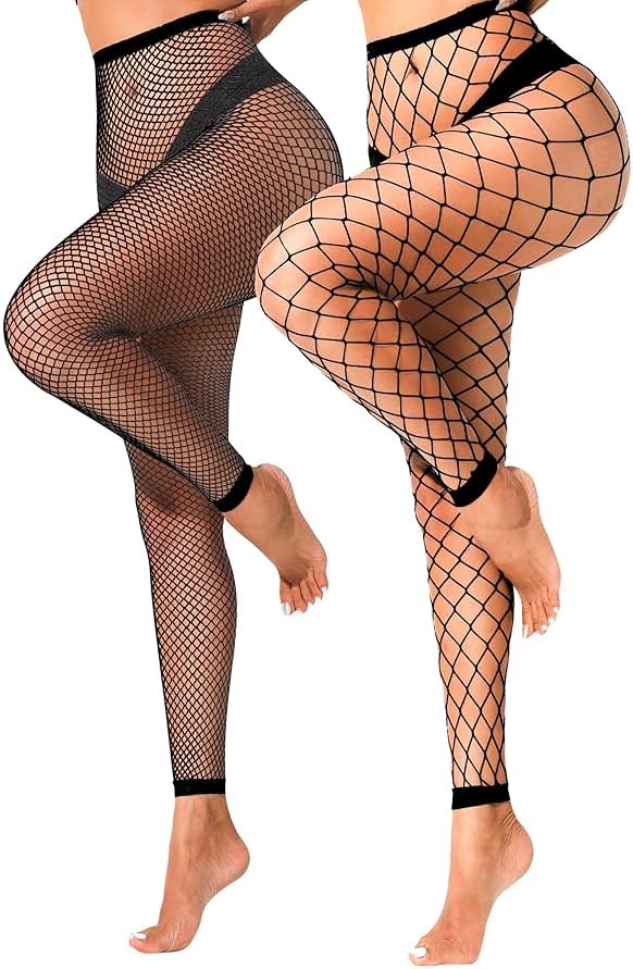 VOAKOW 2 Pairs Black Fishnet Stockings for Women High Waist Fishnets Fishnet Tights Footless Stockings - Product Image