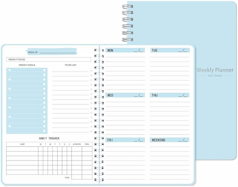 TREES Undated Weekly Planner, Weekly To Do List Notebook with Goal & Habit Tracker Organizer, A5 5.7"" x 8.0"" Weekly Planner Notebook with Spiral Binding for Men or Women, Blue - Product Image