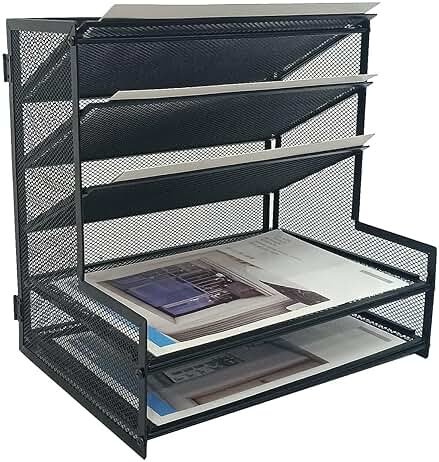 SETTFRFE Metal Desktop File Holder Organizer with 5 Tier Paper Tray, Office Supplies Desk Organizer, Black - Product Image