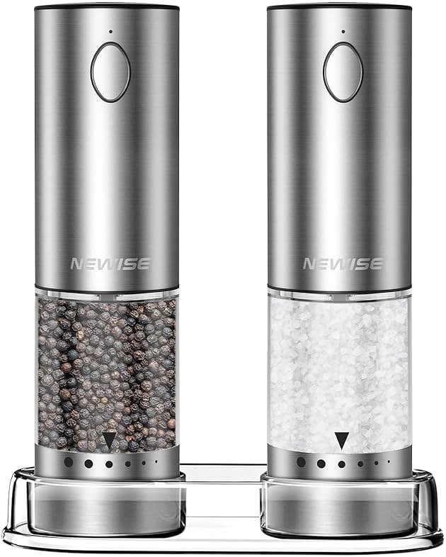 Newise Electric Salt and Pepper Grinder Set - Rechargeable Stainless Steel Salt and Pepper Shakers with LED Lights, Adjustable Coarseness, Large Capacity, Kitchen Appliances Gifts for Women - Product Image