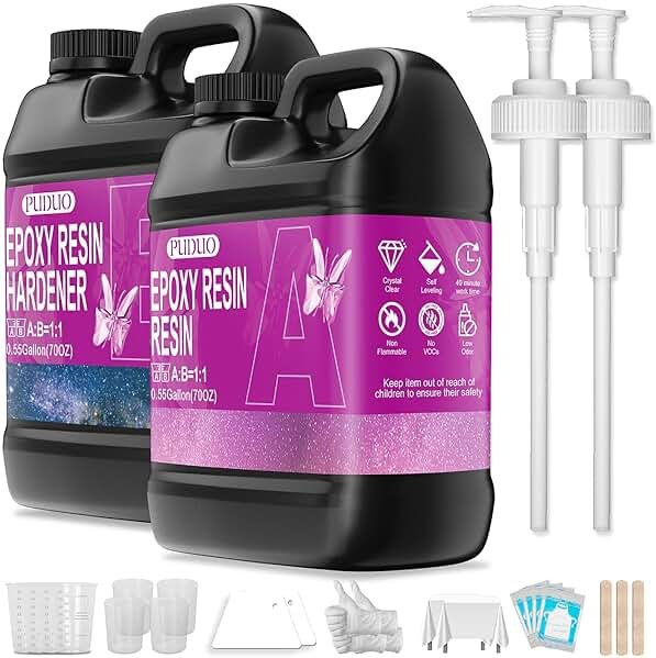 Puduo Epoxy Resin Kit 1.1Gallon，Newly Formulated Crystal Clear Epoxy Resin，Strong, Bubble-Free, Anti-Yellowing Art Resin that，Suitable for Casting, DIY, Resin Art, Molds, Easy to Mix 1:1 Ratio - Product Image