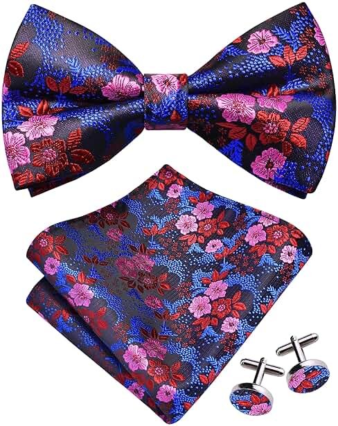 GUSLESON Mens Floral Bow Tie Handkerchief Jacquard Woven Adjustable Pre-Tied Bowties Pocket Square Cufflinks Set - Product Image