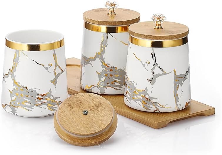 JUXYES Set of 3 Canisters Set for Sugar Coffee Tea with Airtight Lid, Ceramic Storage Containers Sets White Storage Pots with Tray Storage Jar Decorative Canisters Sets for for Kitchen Counter - Product Image
