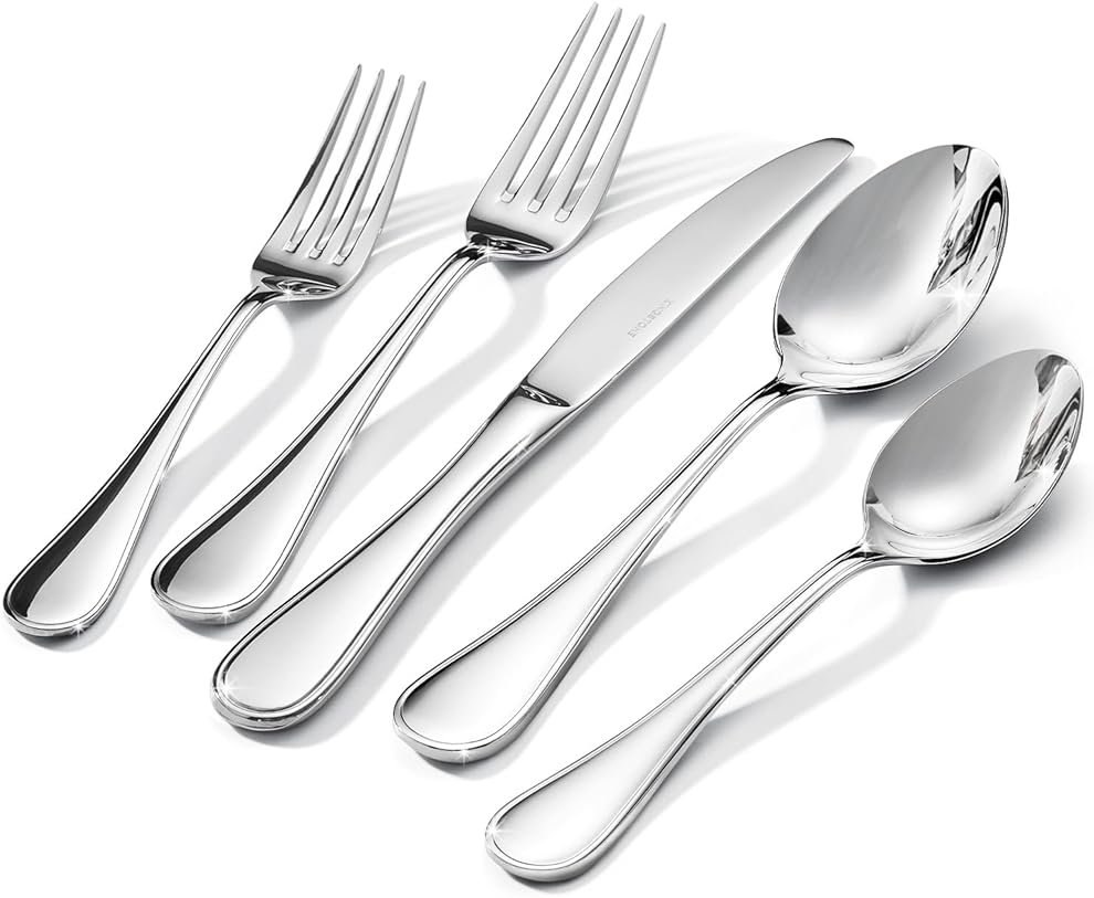 KINGSTONE 40 Piece Teardrop Silverware Set for 8, 18/10 Stainless Steel Flatware Set, Modern Design Cutlery Set for Home/Hotel/Wedding,Mirror Polished and Dishwasher Safe - Product Image