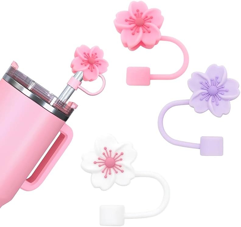 BTYHAOS Silicone Straw Caps for 10mm Tumblers | Reusable Dust-Proof Straw Toppers Compatible with Stanley 30oz & 40oz Tumblers (Purple Flower 3pc) - Product Image