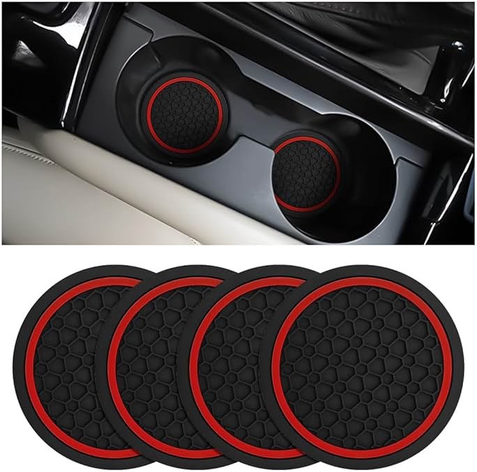 Mandark 4PCS Car Cup Holder Coasters, 2.75 Inch Non-Slip Insert Water Bottle Holder Pads, Dustproof Automotive Interior Accessories Mat, Universal for Vehicles, Trucks, RVs and More(Black/Red) - Product Image