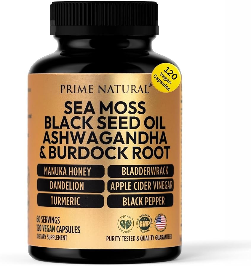 PRIME NATURAL Sea Moss 300mg Black Seed Oil 200mg Ashwagandha 100mg Turmeric Bladderwrack Burdock Manuka Honey Dandelion ACV - 120 Capsules | 60 Days Supply | Vegan - Product Image
