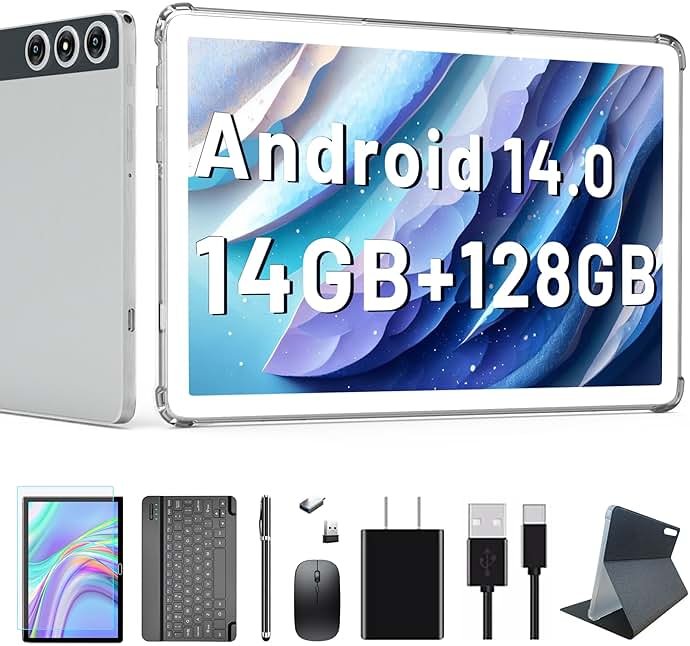 2026 Latest Android 15 Tablet, 10 inch Tablet with 128GB Storage 1TB Expandable 14GB RAM, Dual 4G Cellular Tablets with keyboard Support 5Ghz WiFi/Bluetooth 5.0, Octa-Core Processor, FHD IPS Screen - Product Image