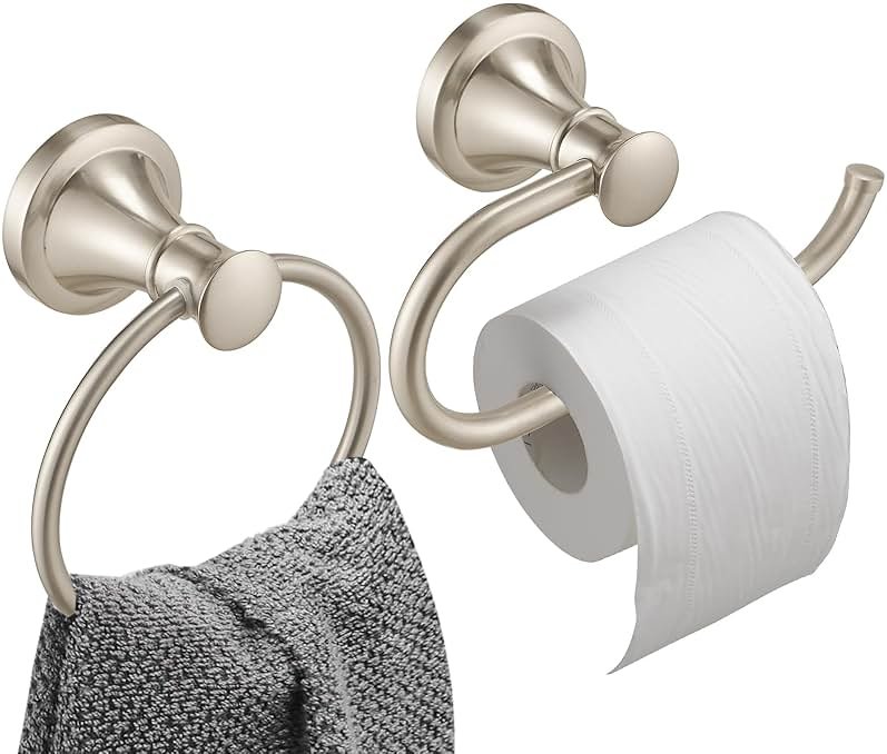 Hoimpro Brushed Nickel 2-Piece Bathroom Bath Set, Wall Mounted Bathroom Hardware Fixture (Towel Ring Holder, Toilet Paper Towel Holder), Bathroom Accessories, Stainless Steel and Zinc Alloy - Product Image