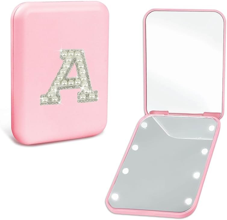 Aganmi Preppy Stuff Pearl Initial Travel Compact Mirror with Lights, Personalized 1X/2X Magnification Mini LED Pocket Makeup Mirror for Purse Trendy Gift Stocking Stuffers for Women Teen Girls (A) - Product Image