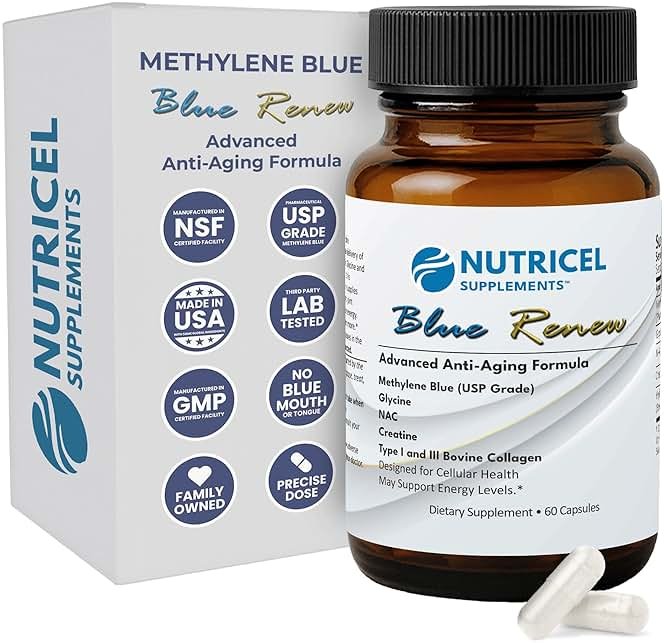 Nutricel Supplements Methylene Blue Capsules with Added Glycine + NAC (GlyNAC), Collagen, and Creatine - Trusted Made in America - 7mg (USP Grade) - Third Party Tested (60ct) - Product Image