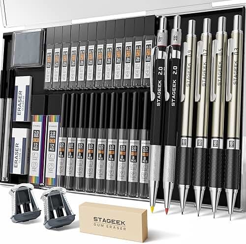 STAGEEK Mechanical Pencil Set with Case 37 Count, Drawing Pencils 0.3, 0.5, 0.7, 0.9MM & 2PCS 2MM Sketching Pencils with 492PCS Lead Refills (6B 4B 2B HB 2H 4H Color) for Artist Drafting Drawing - Product Image