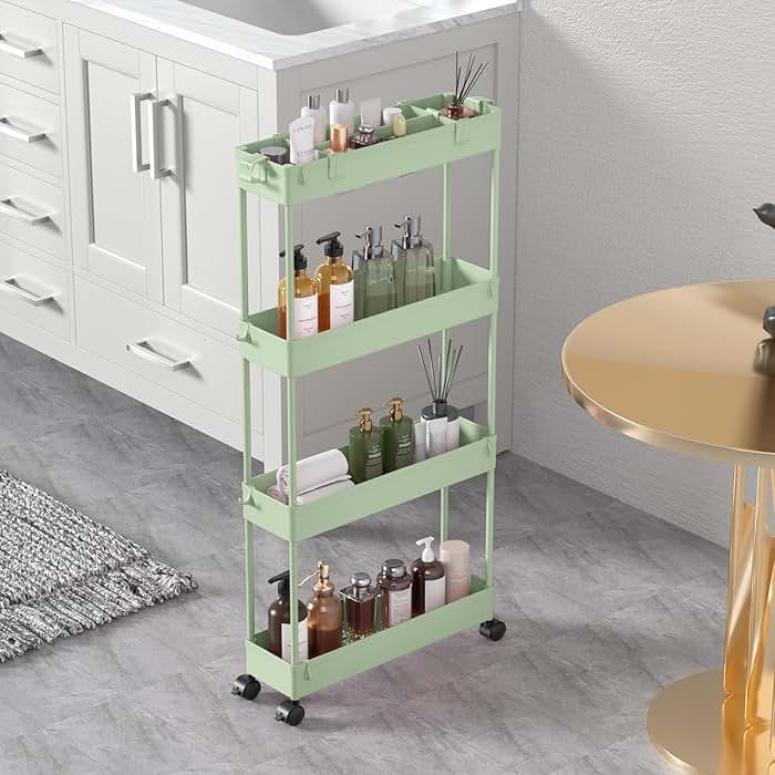 SPACELEAD Slim Storage Cart 4 Tier,Bathroom Organizer Rolling Utility,Mobile Shelving Unit Slide Out for Office, Kitchen, Laundry Room & Narrow Places，Green - Product Image