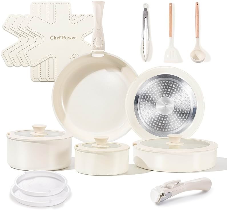 Chef Power Ceramic Cookware Set Non Toxic with Detachable Handles, Healthy Nonstick Pans and Pots Set 19 Pcs, Induction Dishwasher Oven Safe Kitchen Set, PFAS PFOA & PTFE Free, Cream White - Product Image